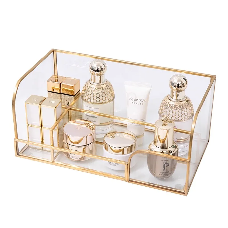 Luxury Skincare Europe - Edler Desktop-Kosmetik-Organizer, Make-up-Zubehör, Hautpflege-Produktregal, Transparente Glas-Aufbewahrungsbox
