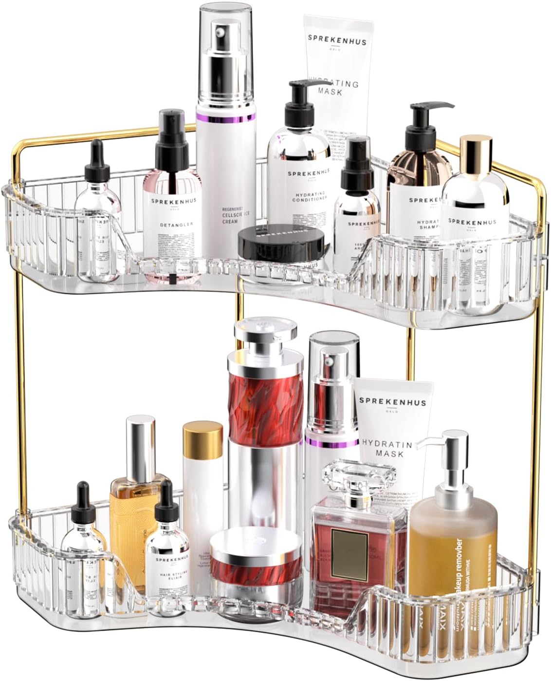 Luxury Skincare Tray - 2-stufiger transparenter Badezimmer-Organizer, Arbeitsplatten-Aufbewahrungsregal, luxuriöses goldfarbenes